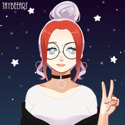 a piccrew from TayBeeArt showing Laika's interpretation of herself. Pale skinned, blue eyes with silver and red hair tied up in a bun. She wears round black glasses, a black O-ring choker and a white t-shirt. The background is a navy sky with white stars.